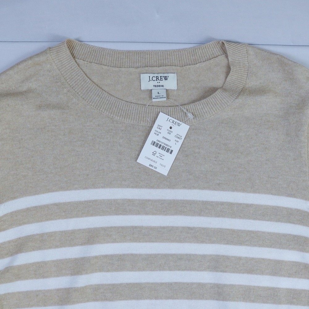 J.Crew Teddie Sweater Womens Large Tan White Striped Cotton Crewneck Coastal NWT - Picture 3 of 12